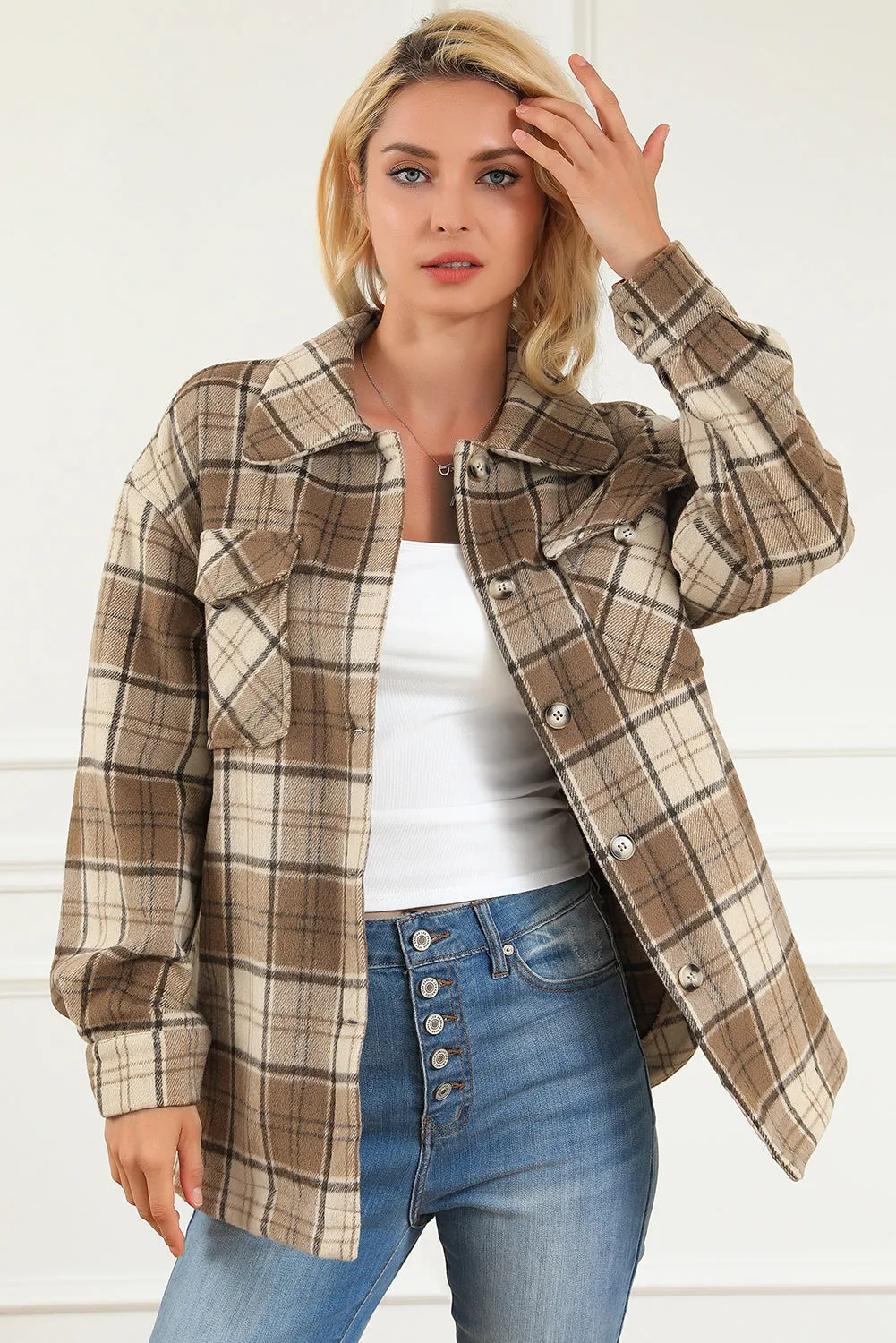 Brown Plaid Print Chest Pockets Shacket