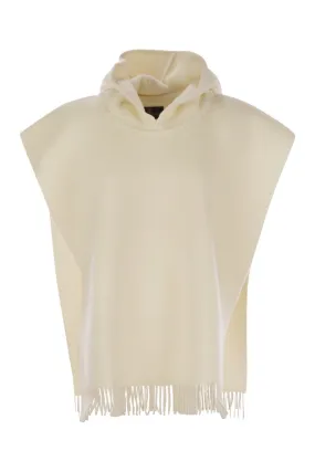 BRUNELLO CUCINELLI Double Knit Wool and Cashmere Poncho with Hood and Fringes