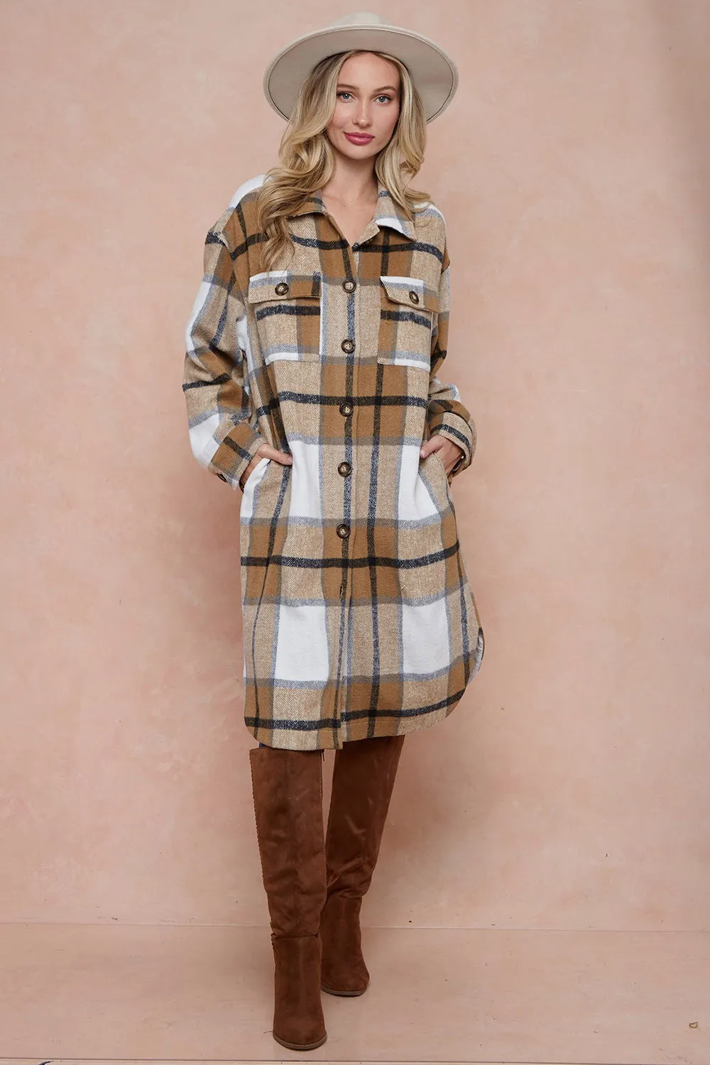 Brushed Flannel Plaid Button Down Long Shirt Coats Shacket Jacket