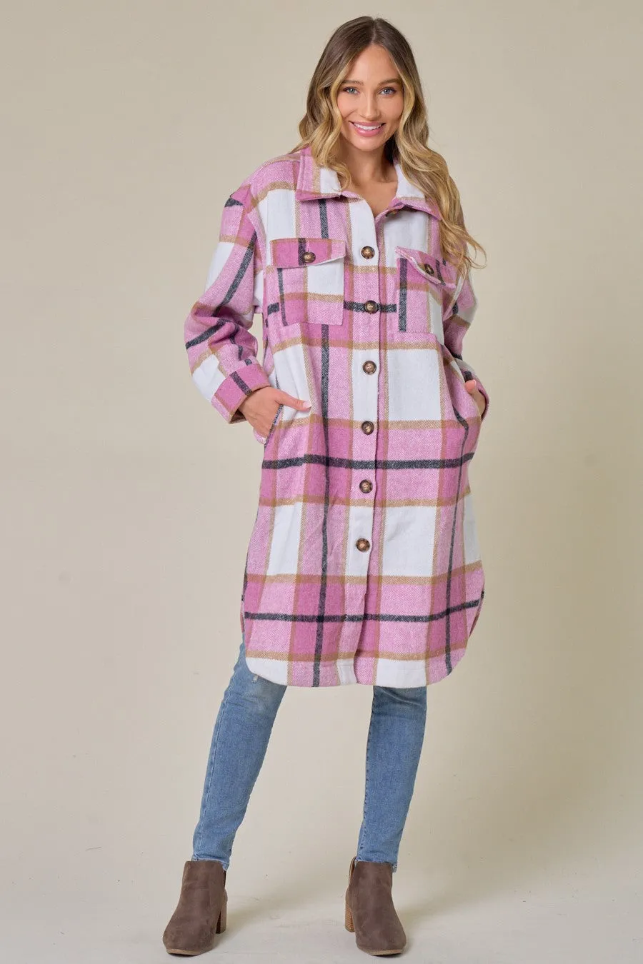 Brushed Flannel Plaid Button Down Long Shirt Coats Shacket Jacket