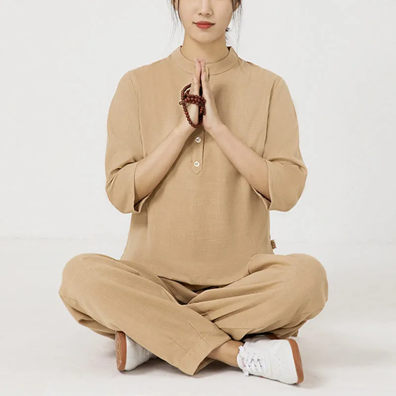 Buddha Stones 2Pcs Buttons Three Quarter Sleeve Shirt Top Pants Meditation Zen Tai Chi Cotton Linen Clothing Women's Set