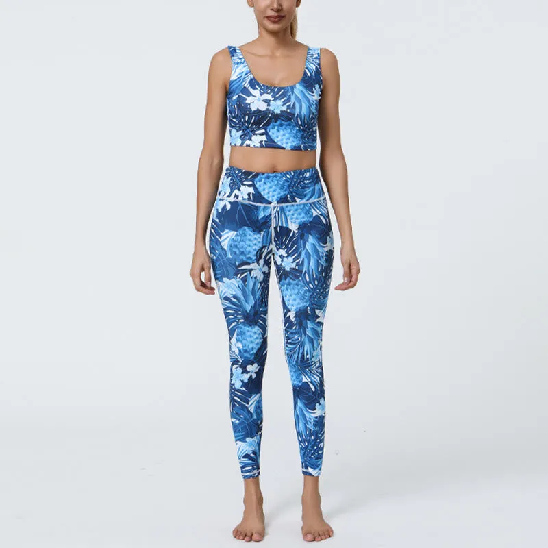 Buddha Stones 2Pcs Pineapple Grass Leaves Print Sports Fitness Crop Tank Bra High Waist Leggings Yoga Pants