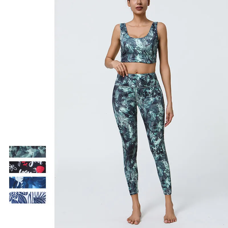 Buddha Stones 2Pcs Pineapple Grass Leaves Print Sports Fitness Crop Tank Bra High Waist Leggings Yoga Pants