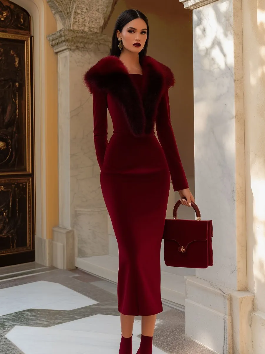 Burgundy Dress with Luxe Fur Collar