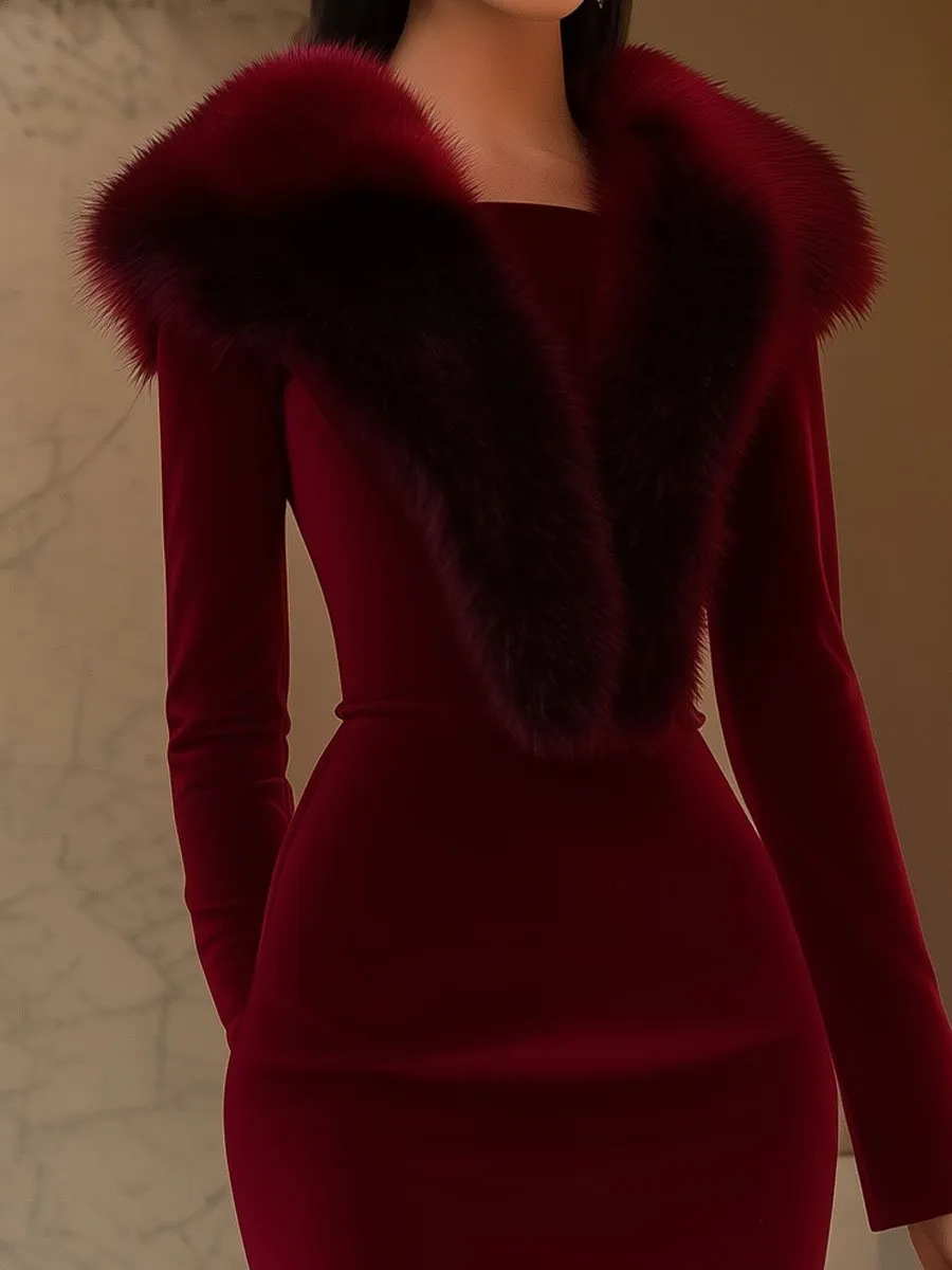 Burgundy Dress with Luxe Fur Collar