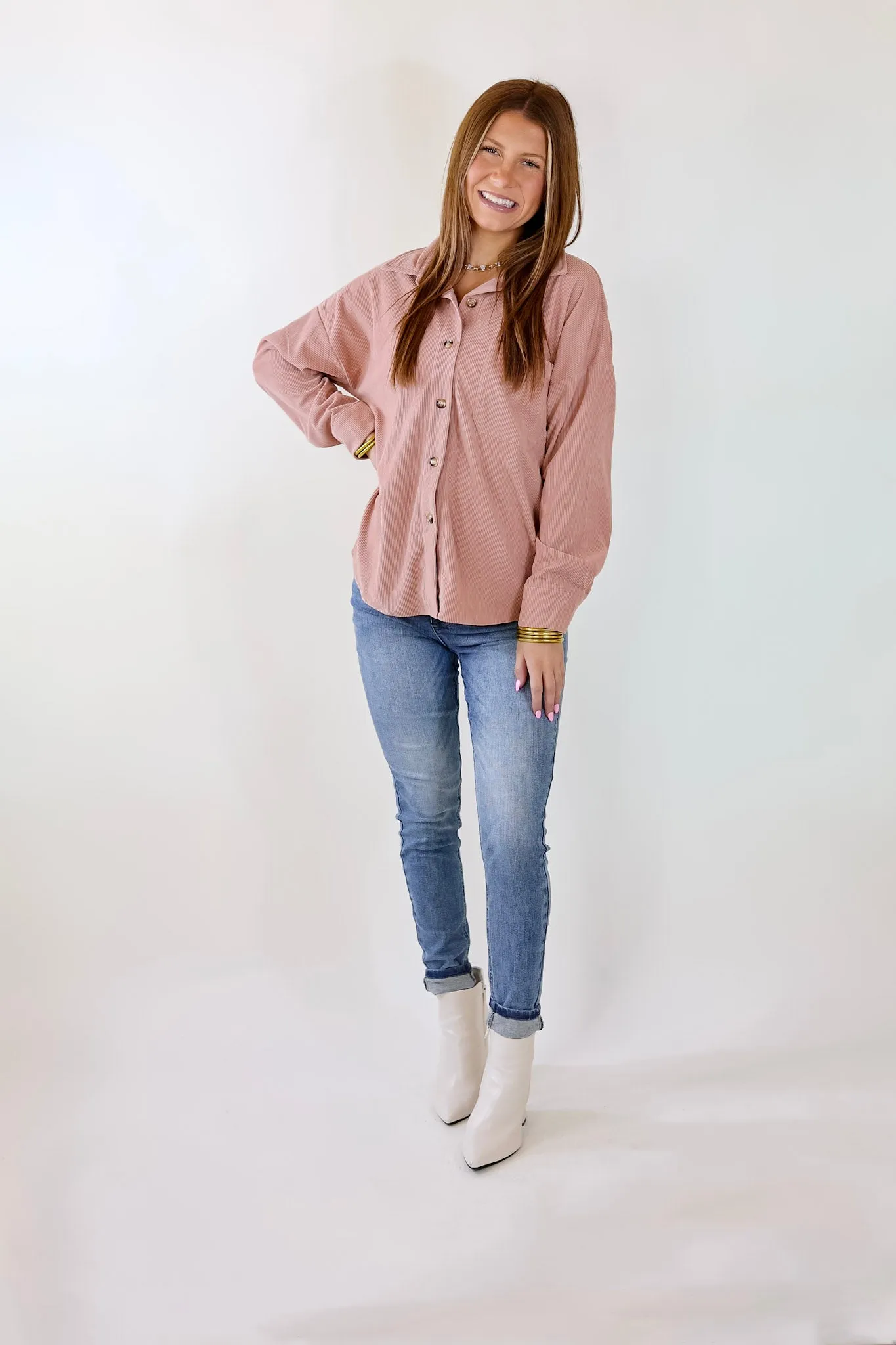 Captivating Cuteness Corduroy Button Up Shacket in Mauve Pink