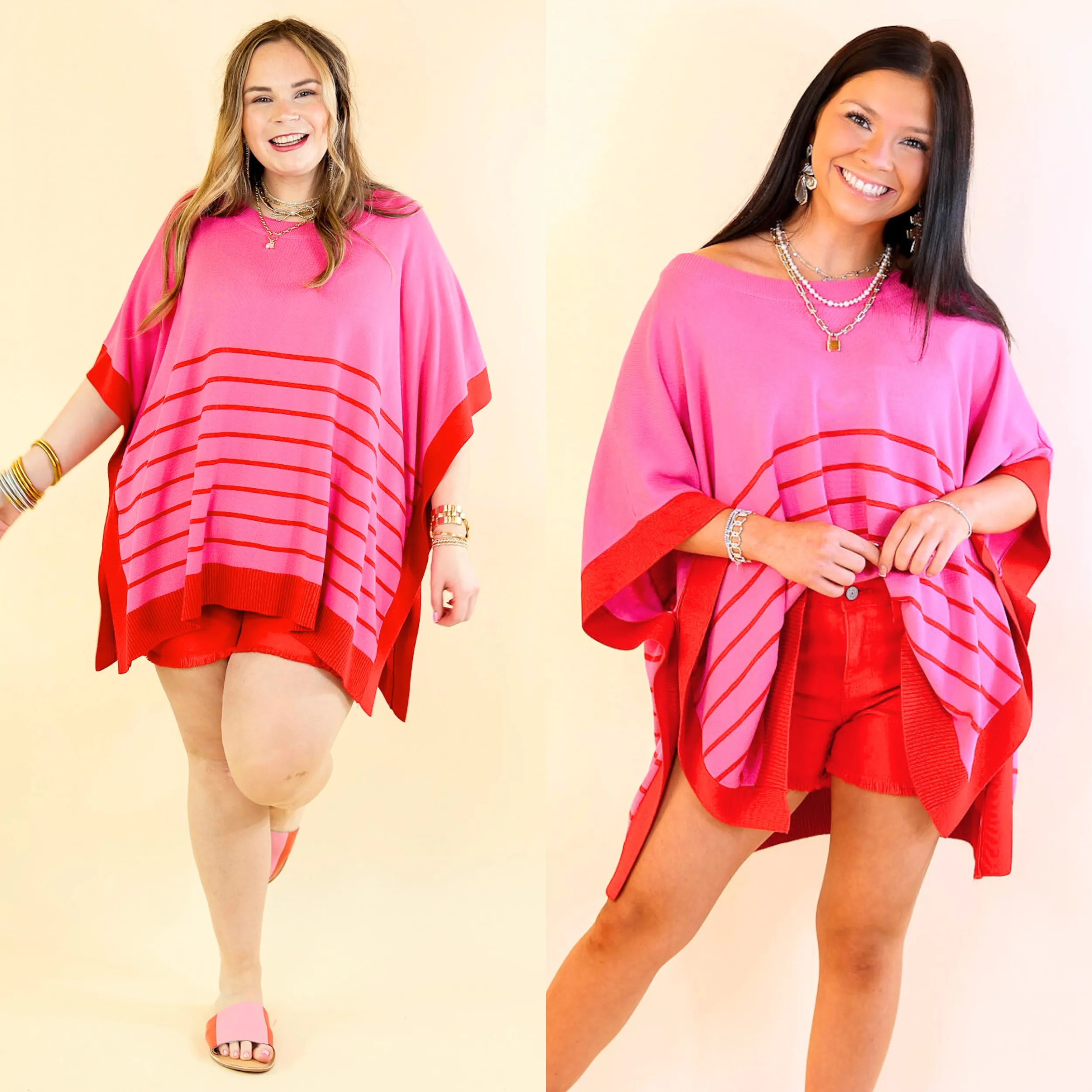 Casual to Chic Short Sleeve Striped Poncho Top in Pink and Red