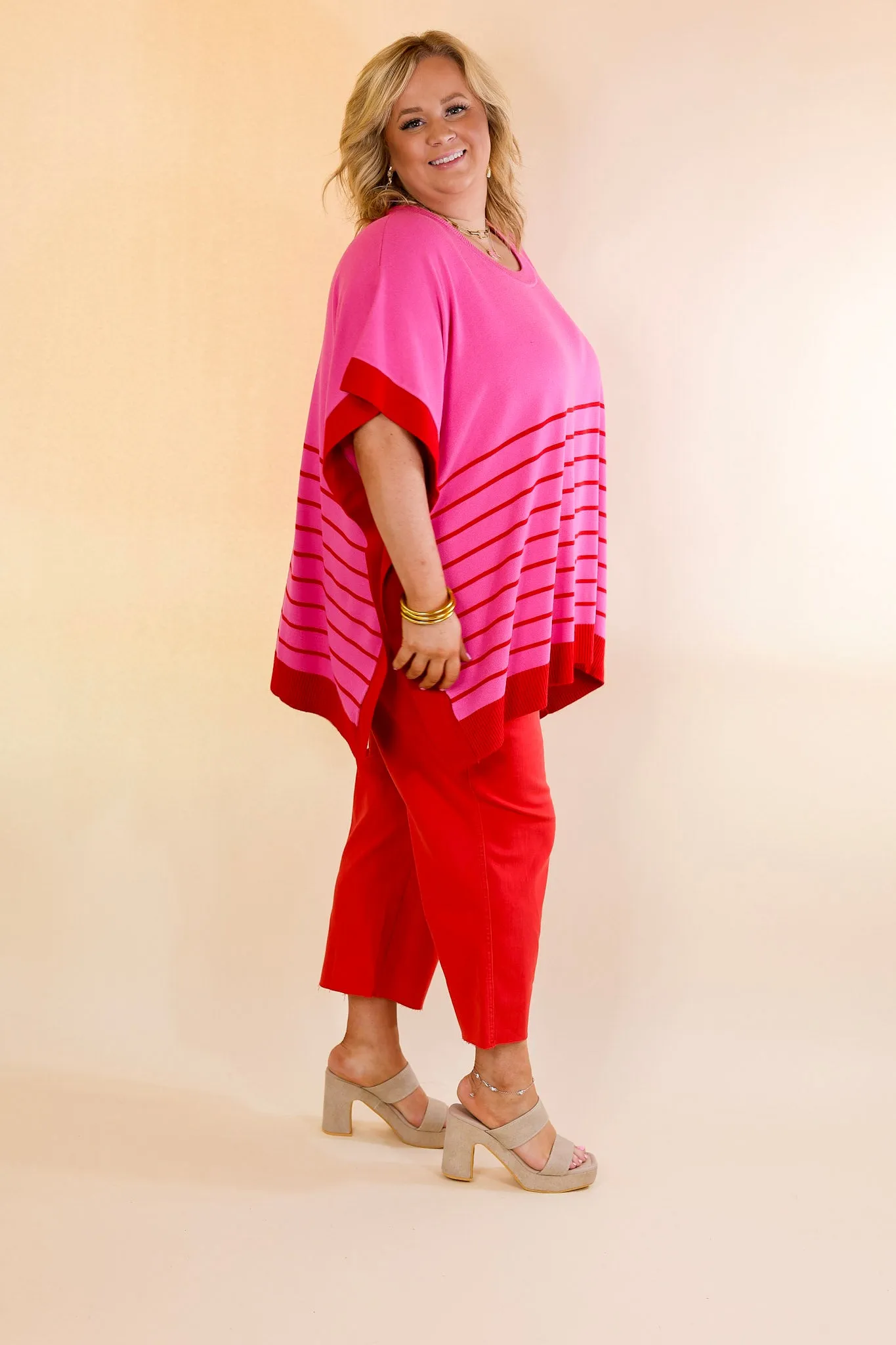 Casual to Chic Short Sleeve Striped Poncho Top in Pink and Red