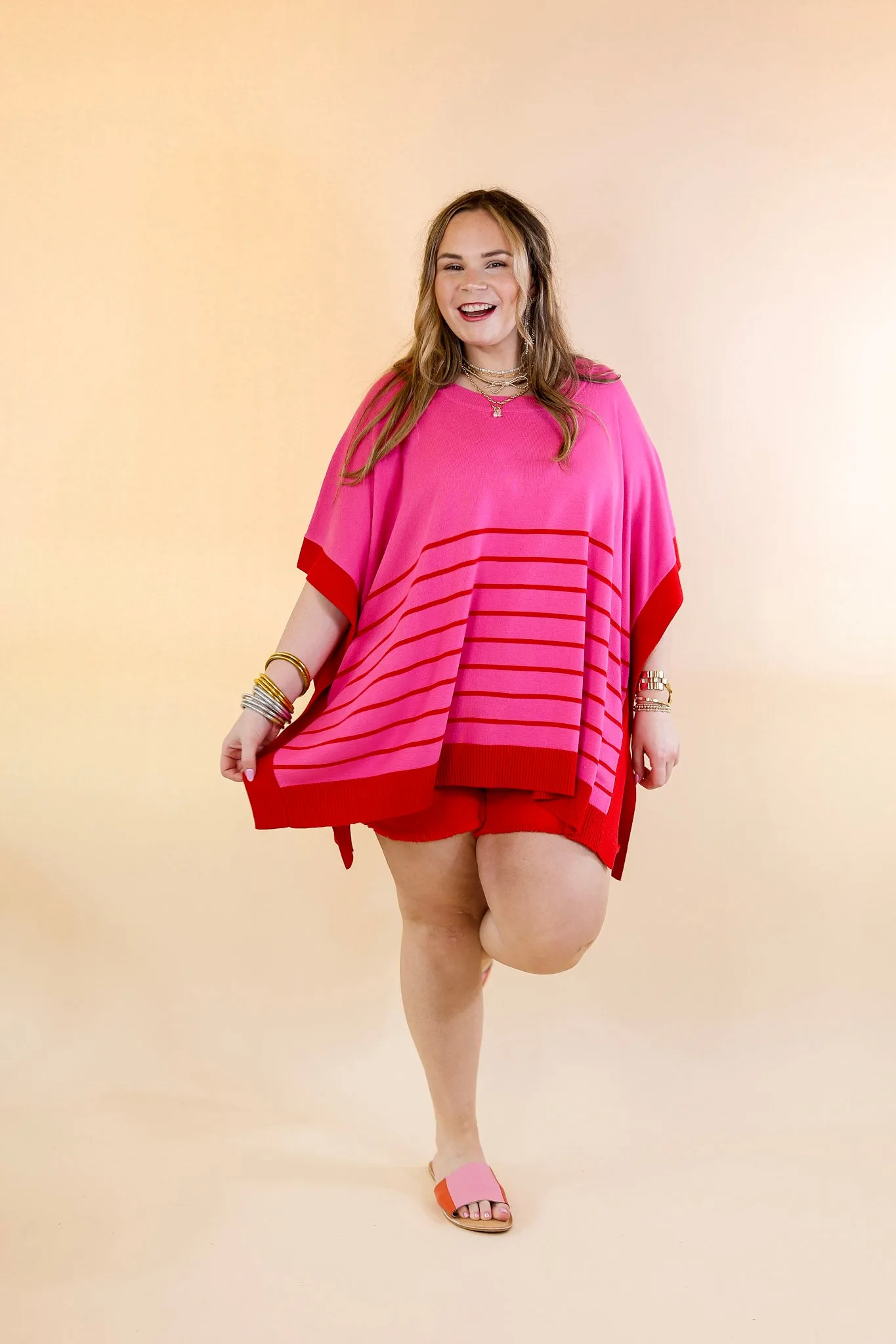 Casual to Chic Short Sleeve Striped Poncho Top in Pink and Red