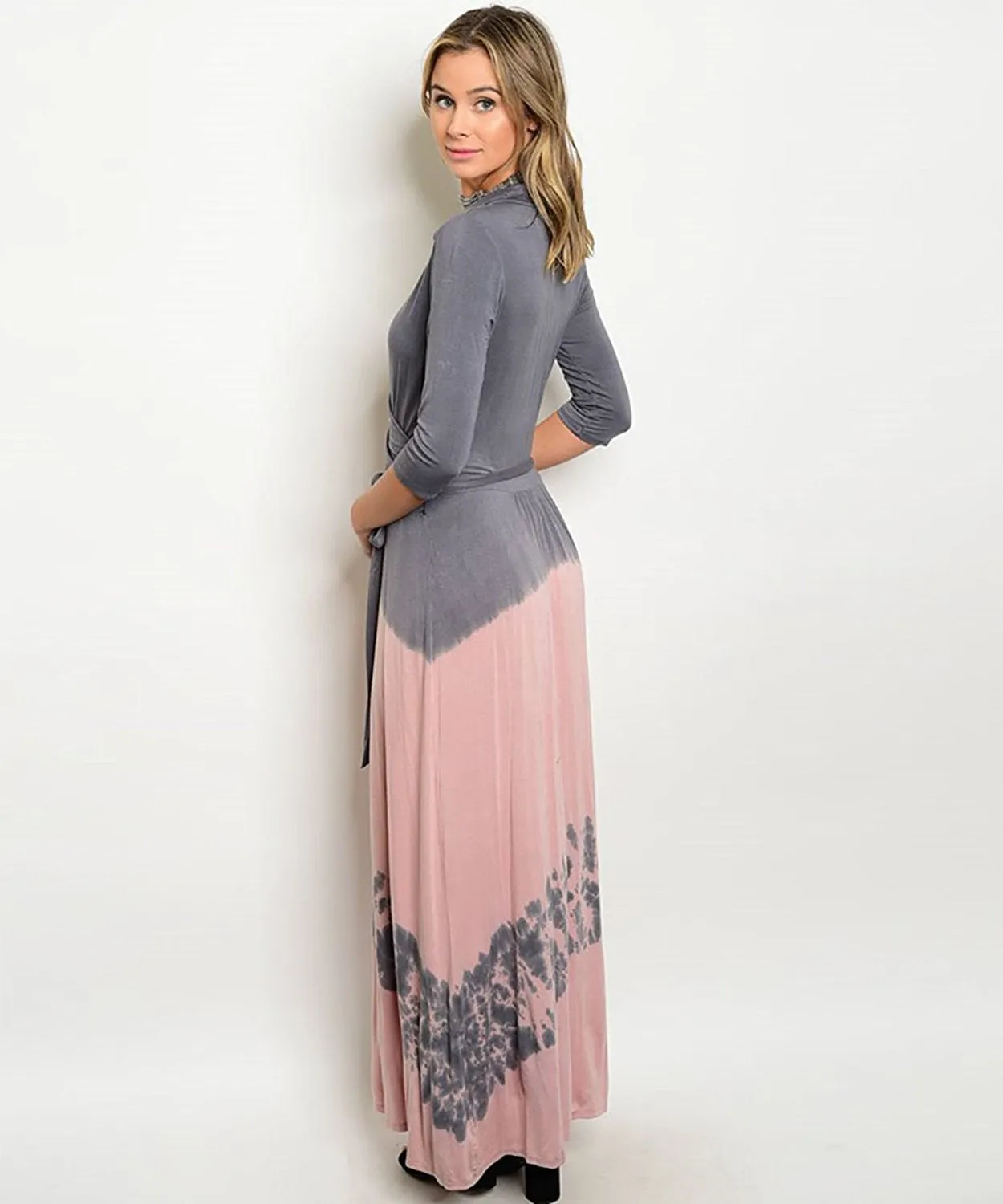 Charcoal Grey Pink Tie Dye Jersey Wrap Maxi Dress U.S.A