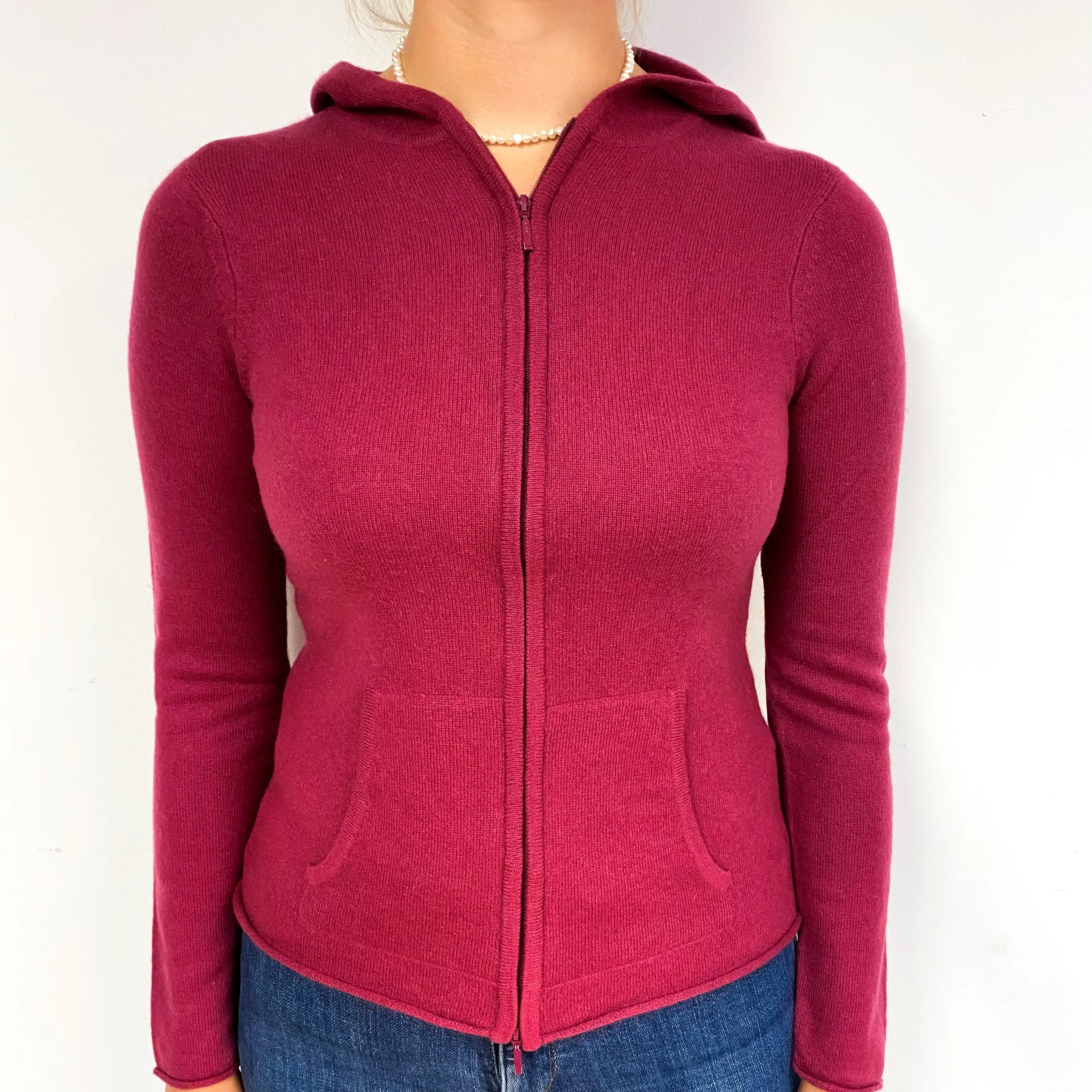 Cherry Pink Cashmere Zip Up Hoodie with Pockets Small