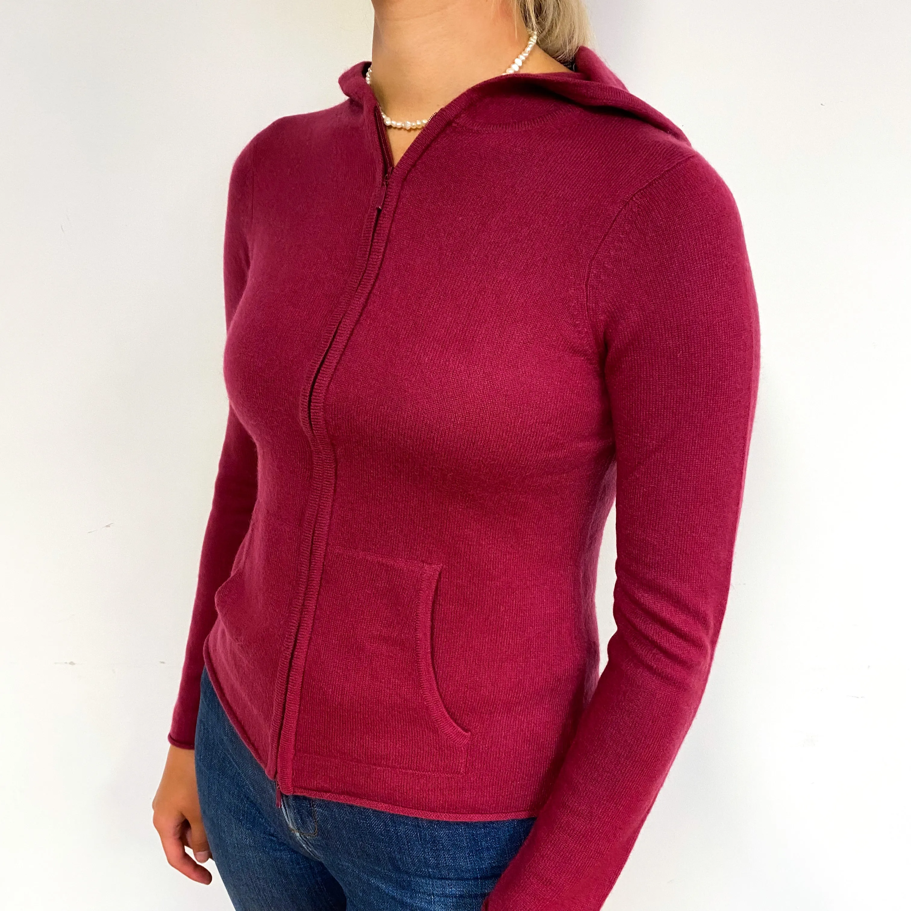 Cherry Pink Cashmere Zip Up Hoodie with Pockets Small