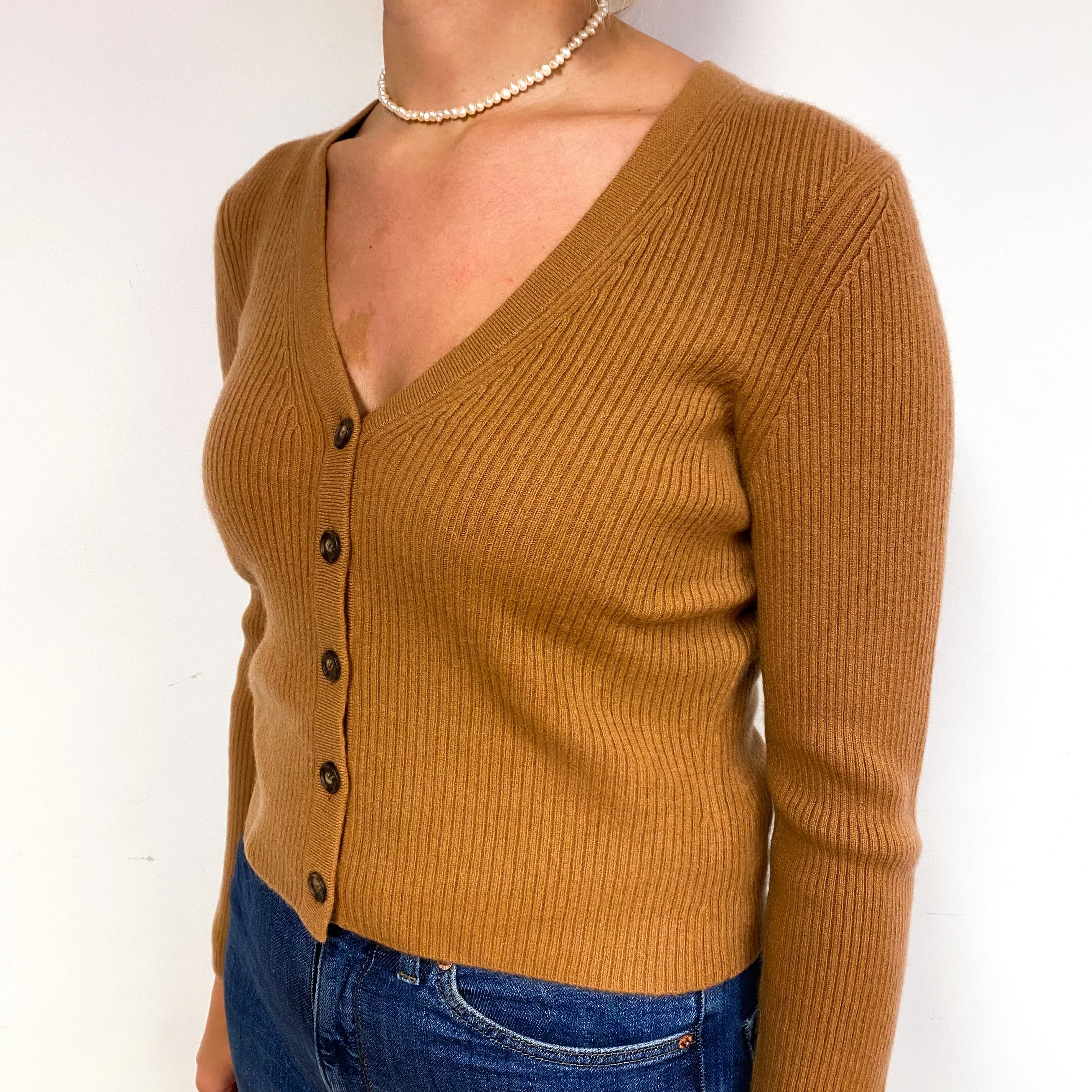 Chestnut Brown Rib Cashmere V-Neck Cardigan Small