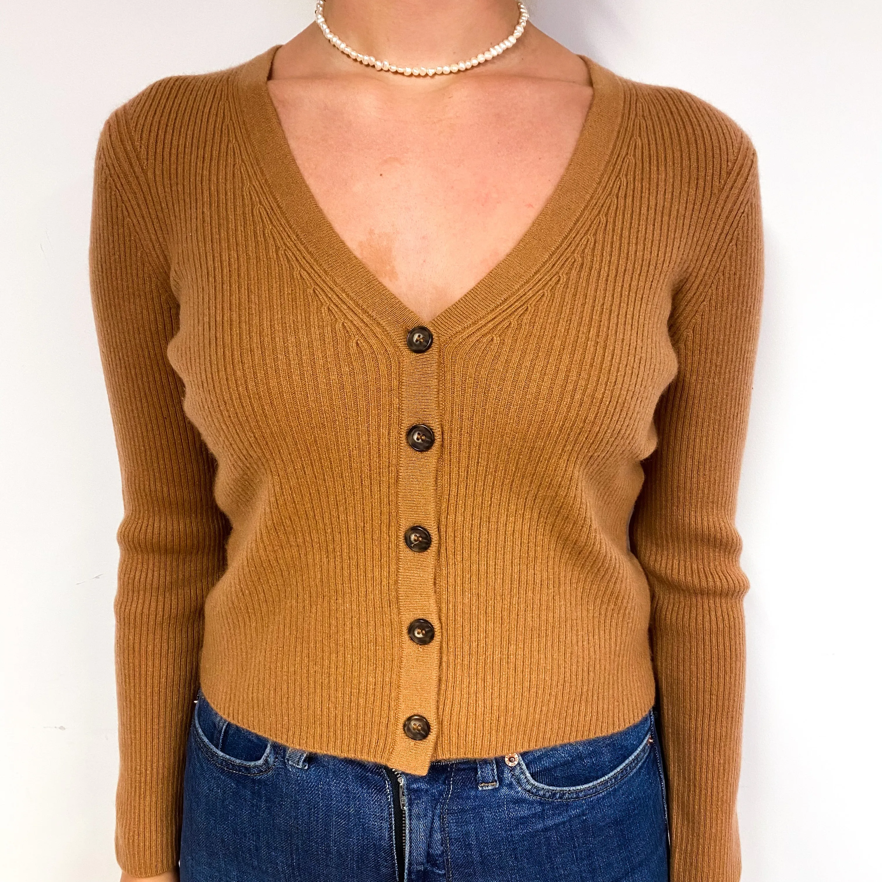 Chestnut Brown Rib Cashmere V-Neck Cardigan Small