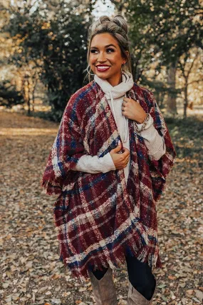 Chic Checklist Plaid Poncho In Aurora Red