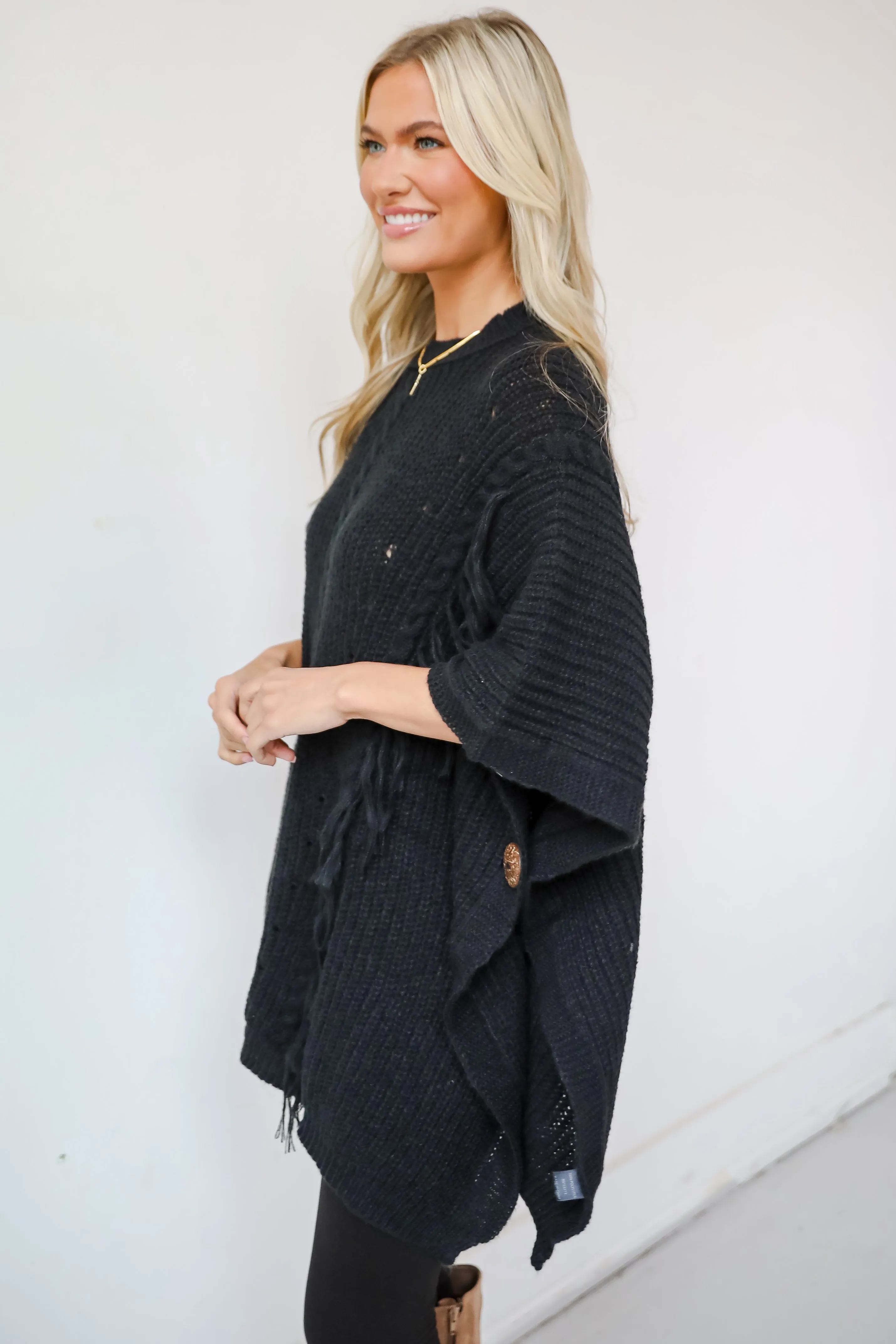 Chic Warmth Black Knit Poncho - DOORBUSTER