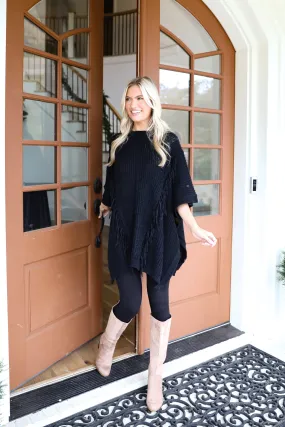 Chic Warmth Black Knit Poncho - DOORBUSTER