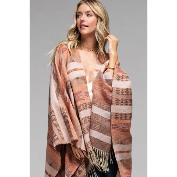 Coral Woven Aztec Pattern Ruana Open Poncho Knit Wrap w/ Fringe