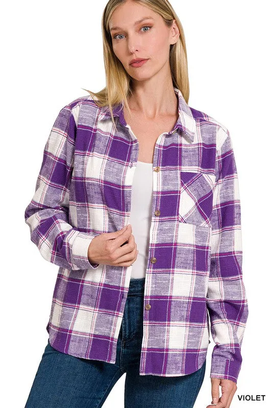 Cotton Plaid Shacket With Front Pocket