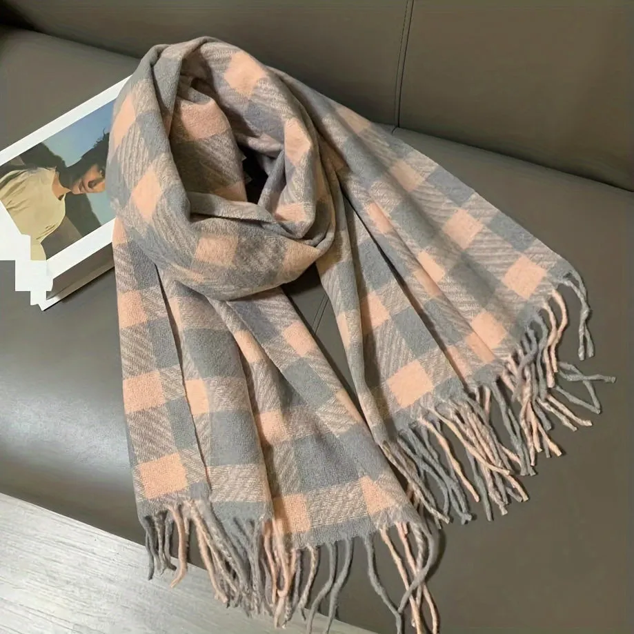 Cozy Thick Faux Cashmere Scarf - Classic Gray & Pink Plaid, Warm & Windproof For Winter Outings