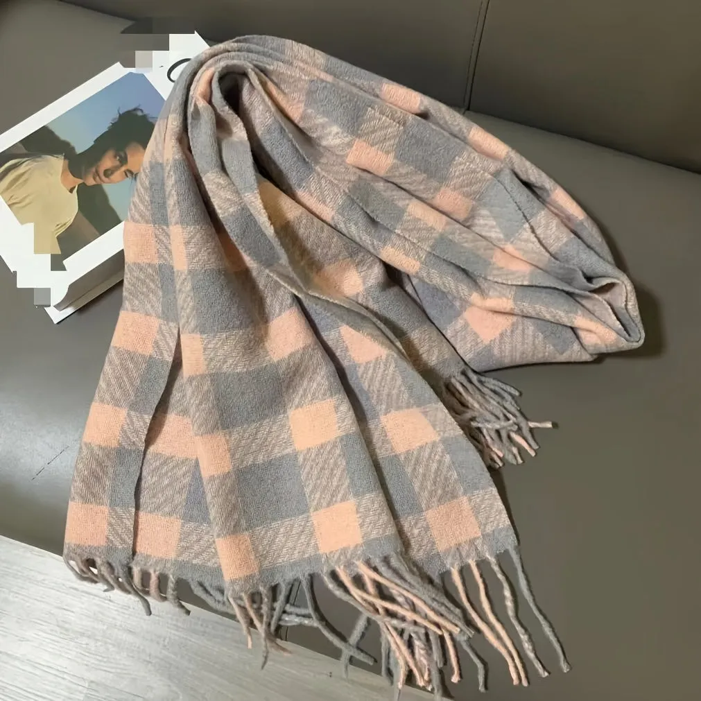 Cozy Thick Faux Cashmere Scarf - Classic Gray & Pink Plaid, Warm & Windproof For Winter Outings