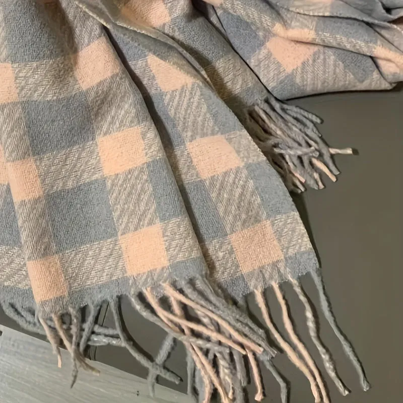 Cozy Thick Faux Cashmere Scarf - Classic Gray & Pink Plaid, Warm & Windproof For Winter Outings