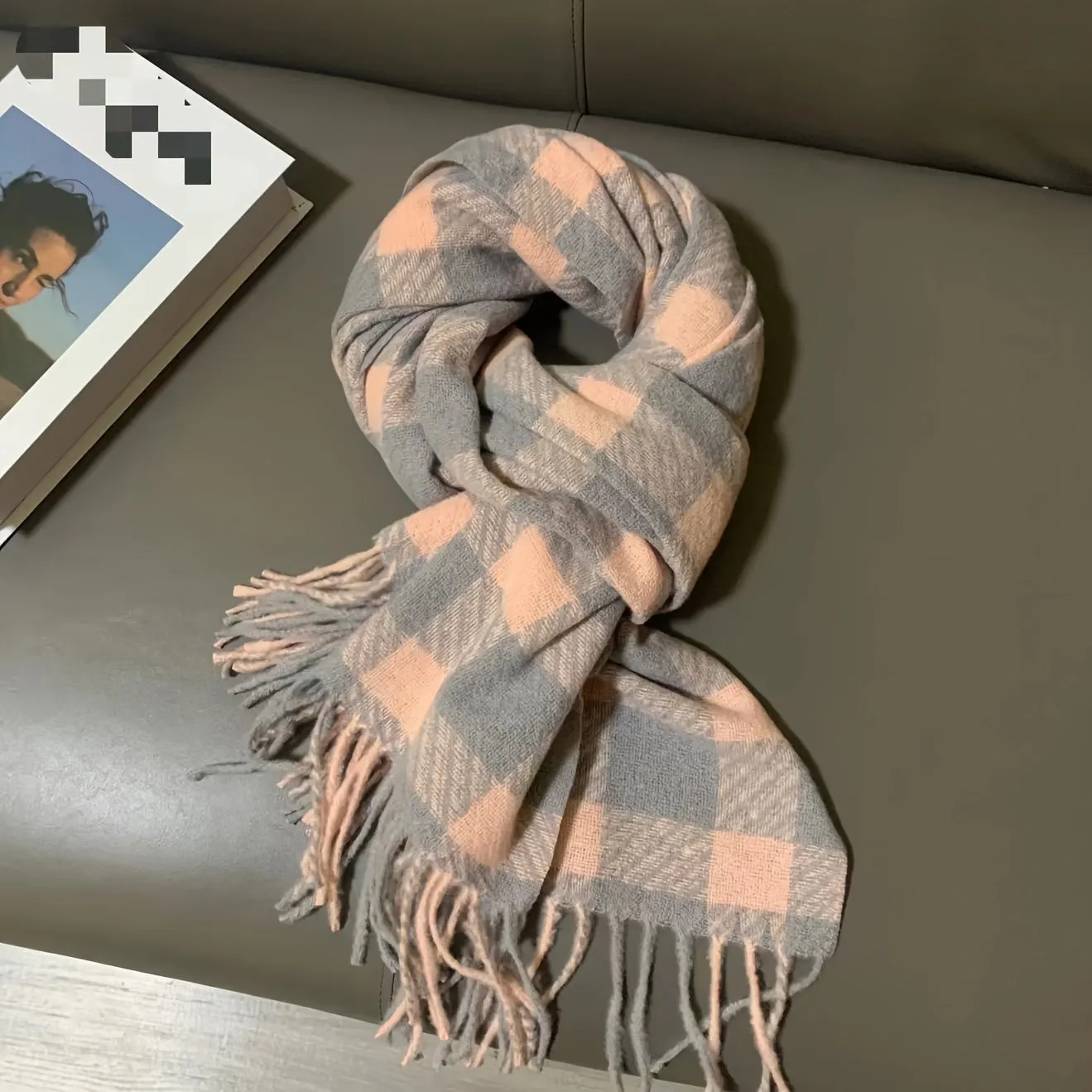 Cozy Thick Faux Cashmere Scarf - Classic Gray & Pink Plaid, Warm & Windproof For Winter Outings