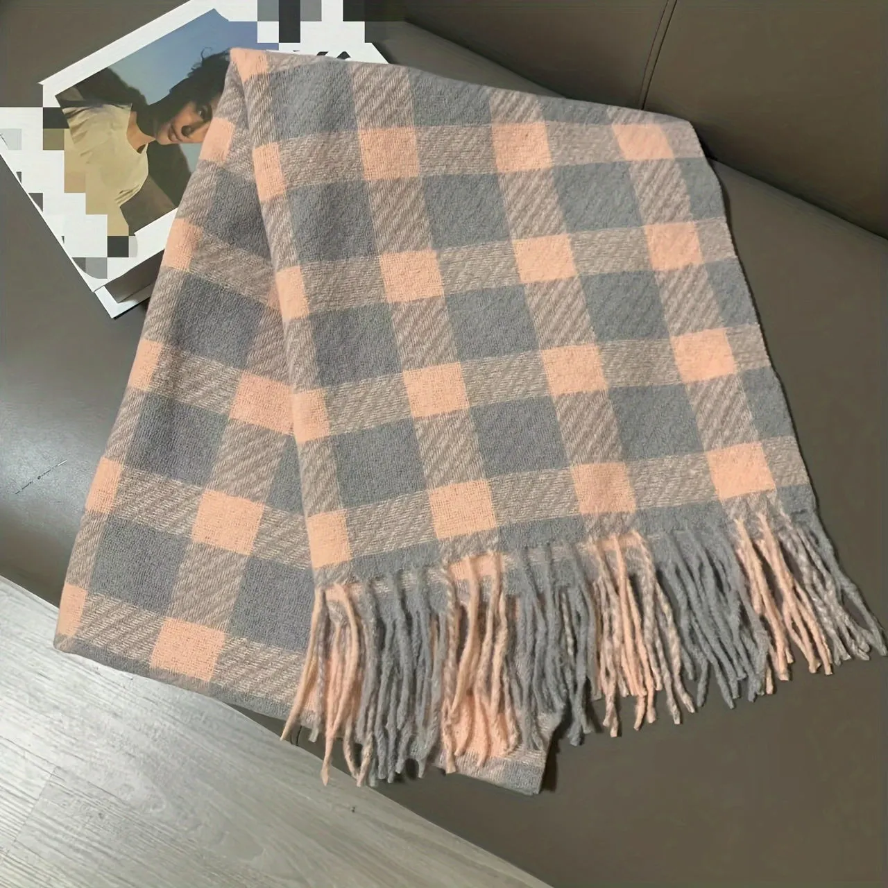 Cozy Thick Faux Cashmere Scarf - Classic Gray & Pink Plaid, Warm & Windproof For Winter Outings