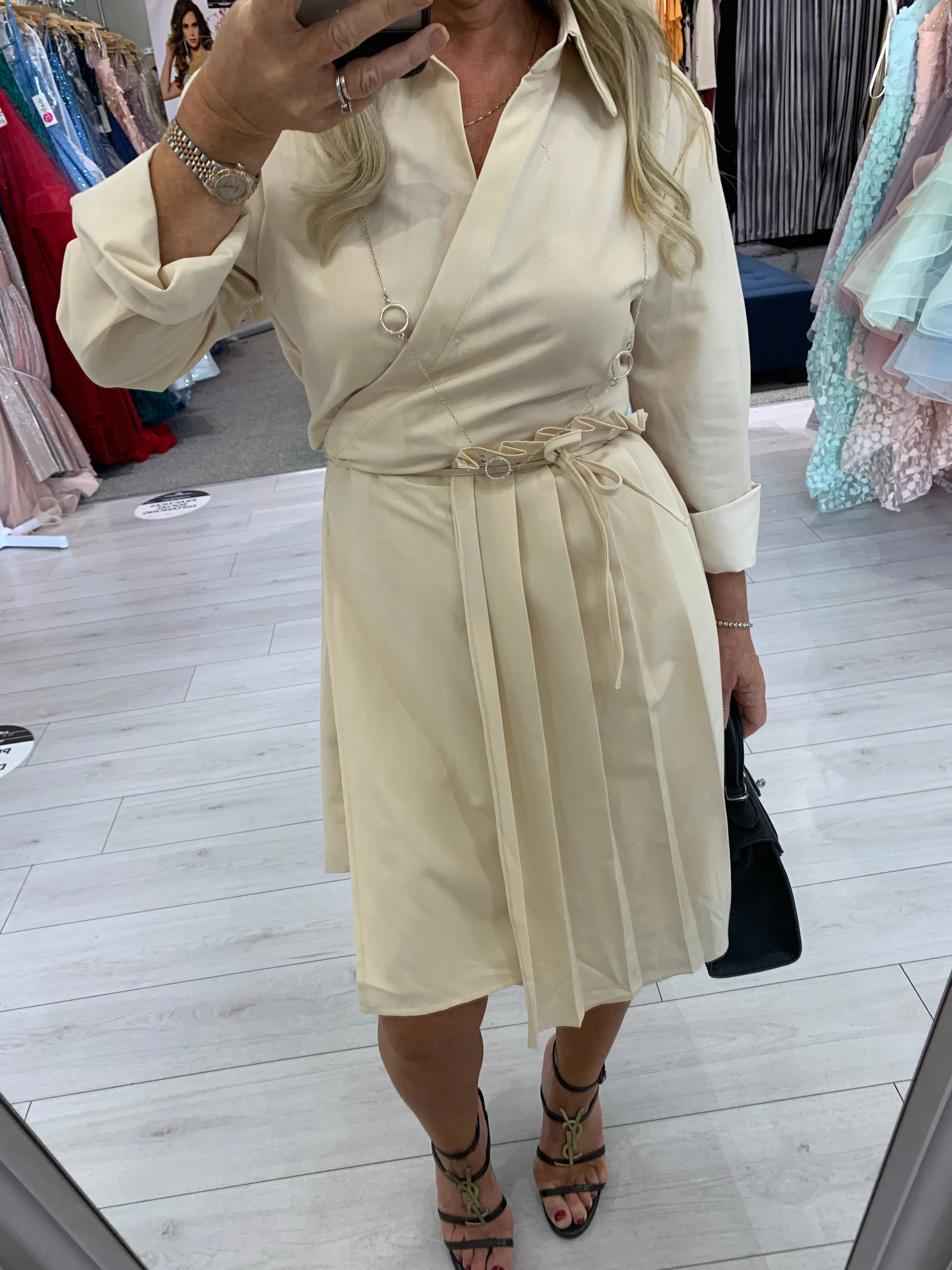 Cream half pleated wrap dress