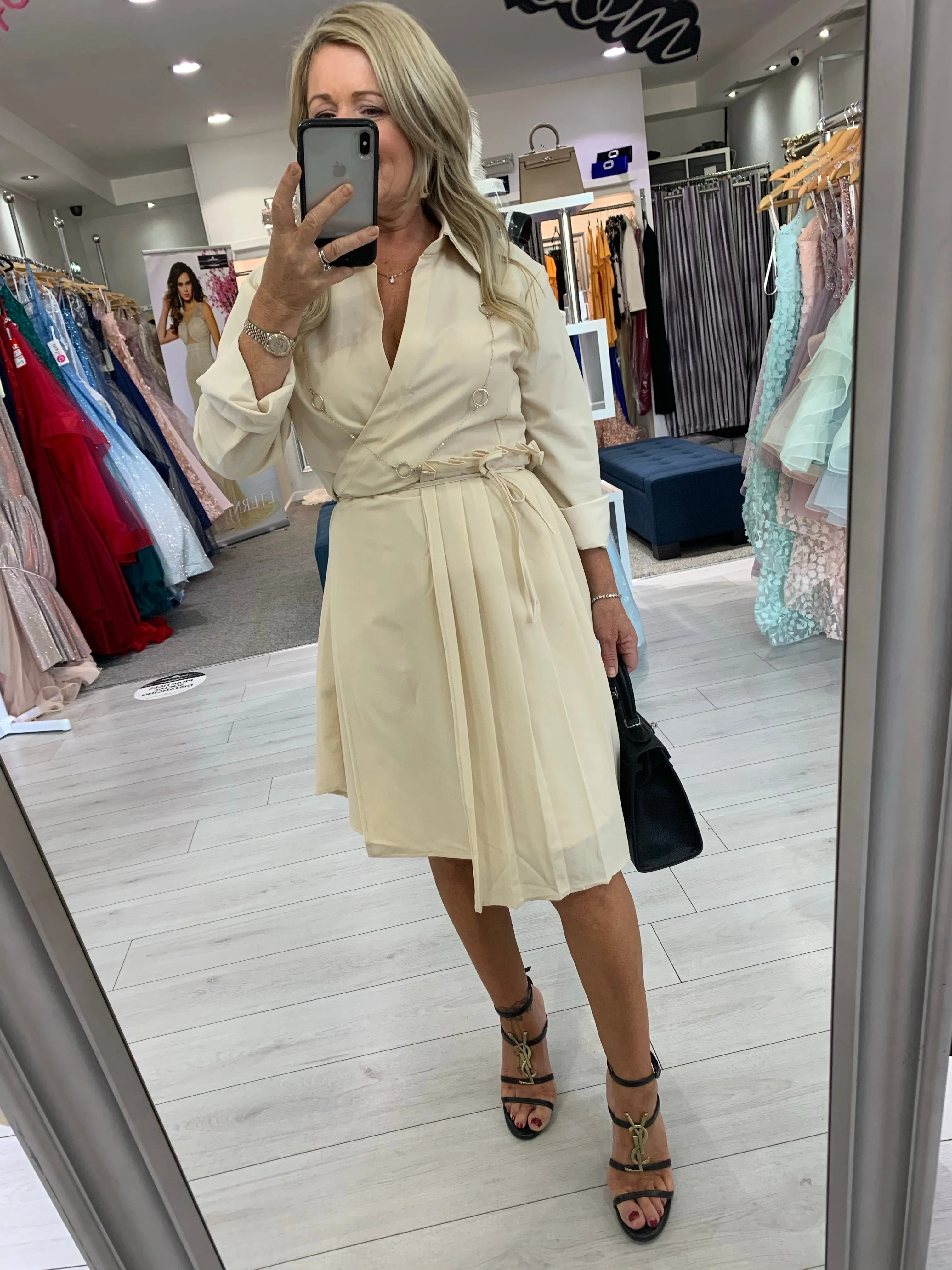 Cream half pleated wrap dress