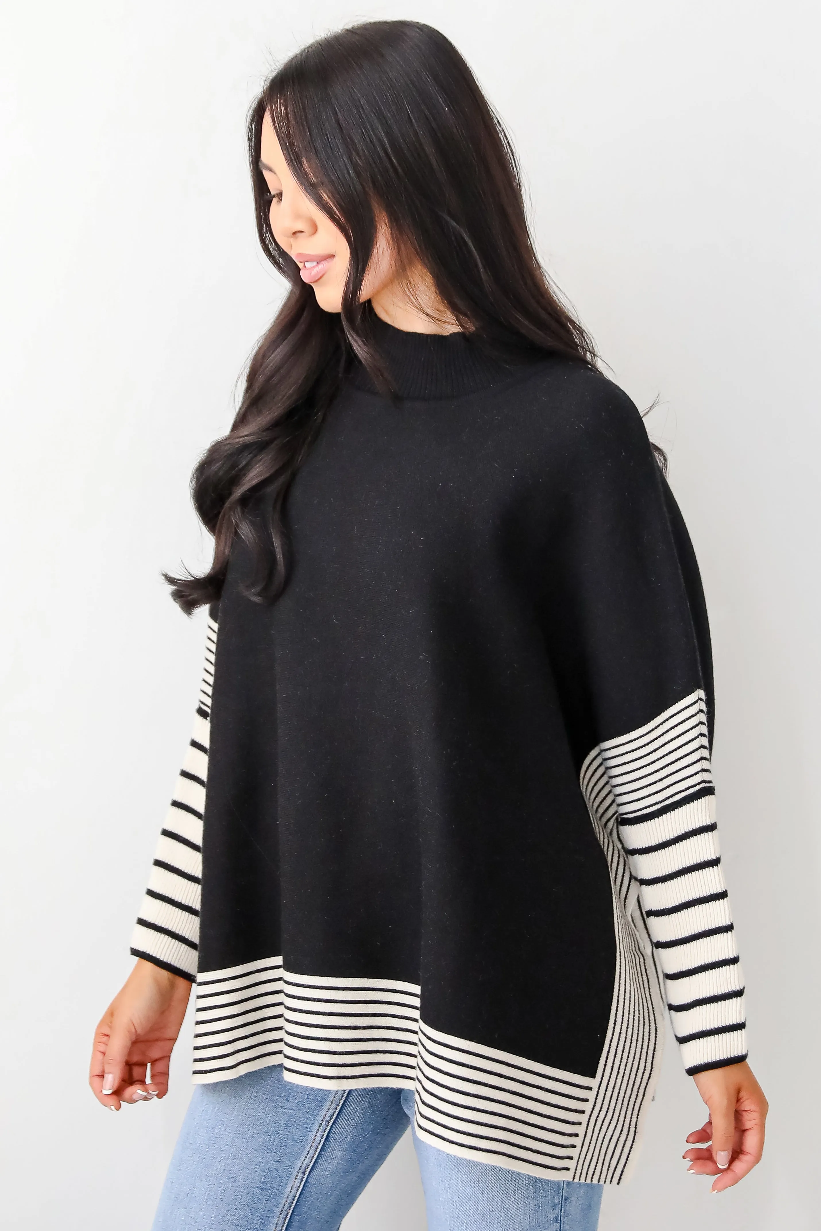 Cultivated Essential Black Striped Sweater Poncho