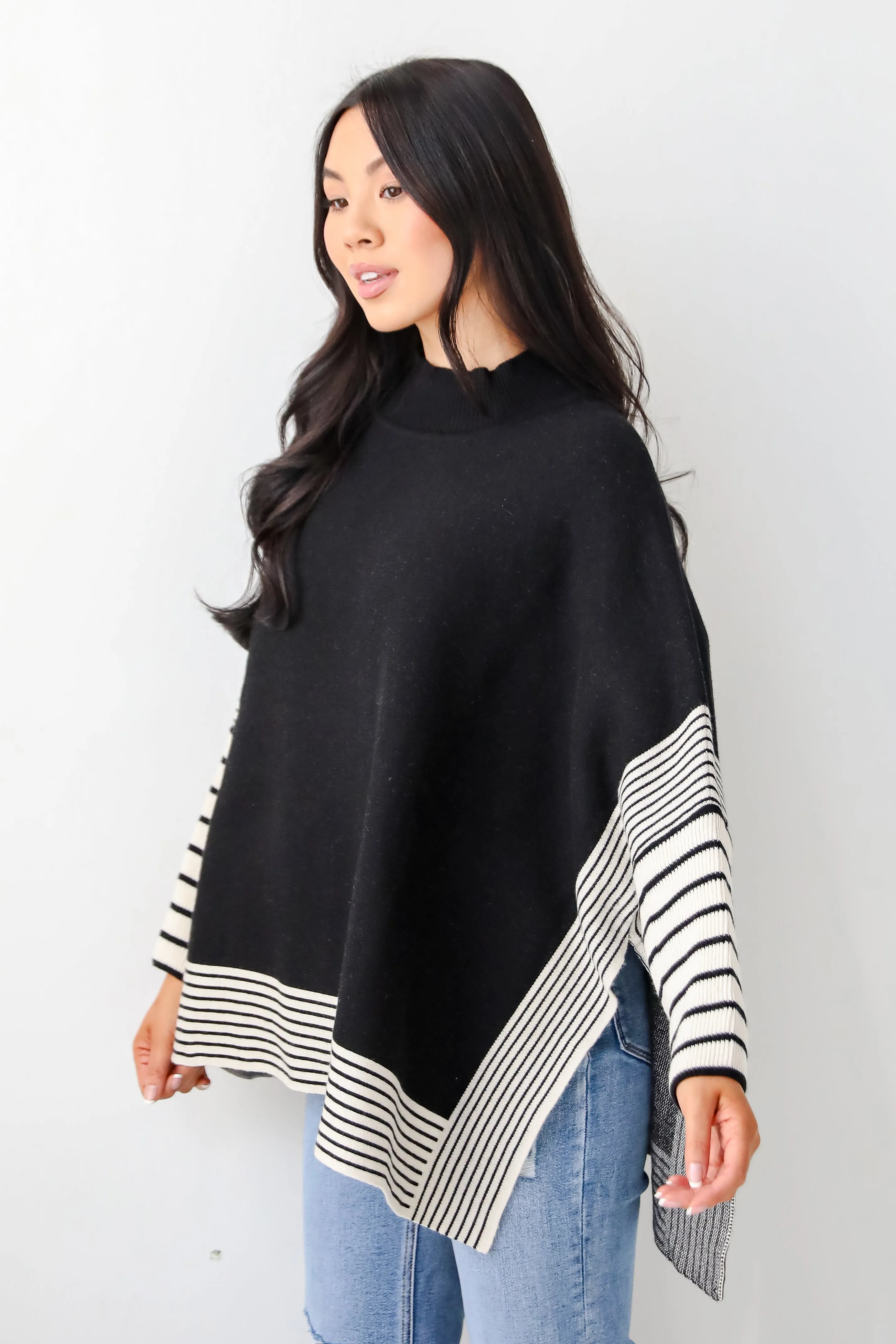 Cultivated Essential Black Striped Sweater Poncho