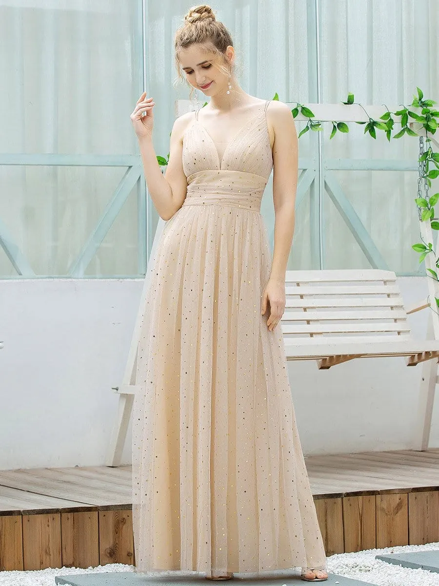 Cute Sleeveless V Neck Long Evening Dresses with Shiny Dot