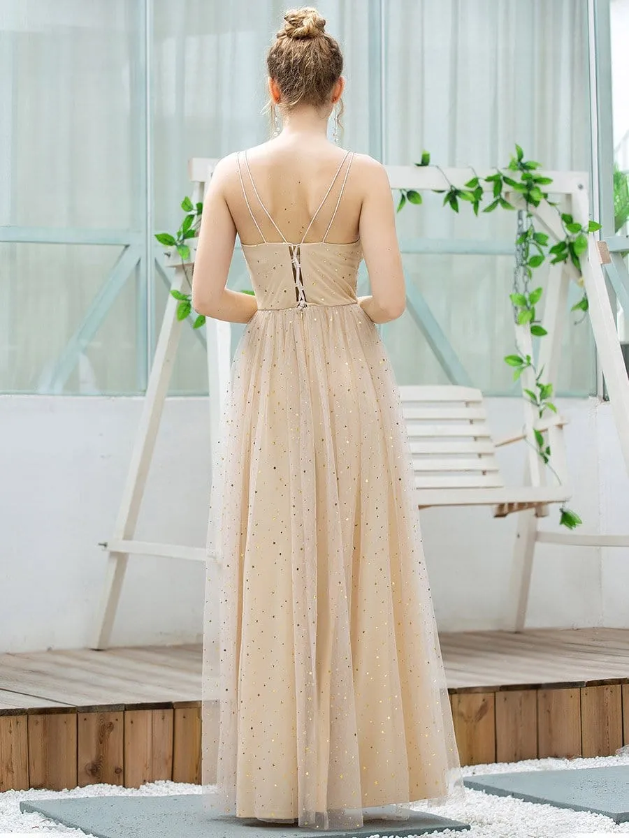 Cute Sleeveless V Neck Long Evening Dresses with Shiny Dot