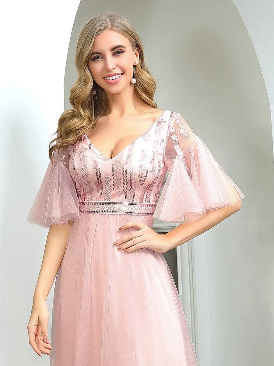 Cute V-neck Short Ruffled Sleeves Bridesmaid Dress with Sequin