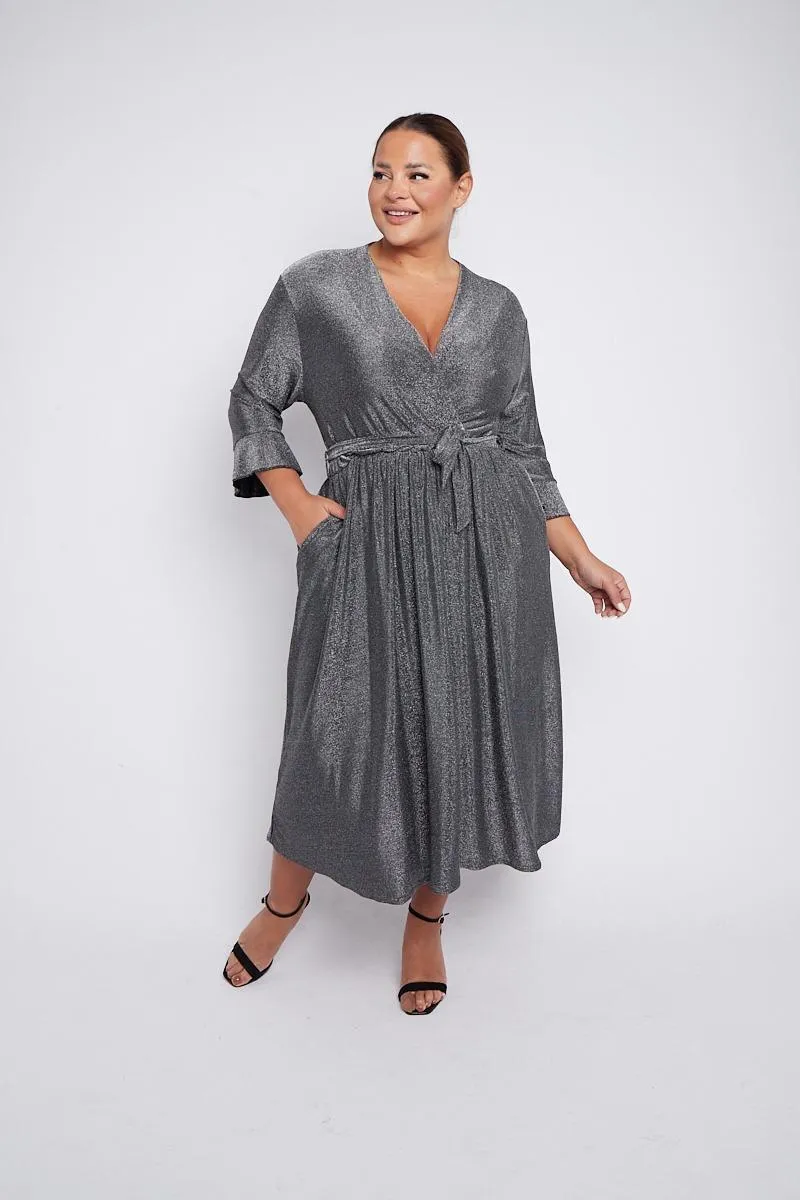 Dani Sparkle Faux Wrap Dress in Silver