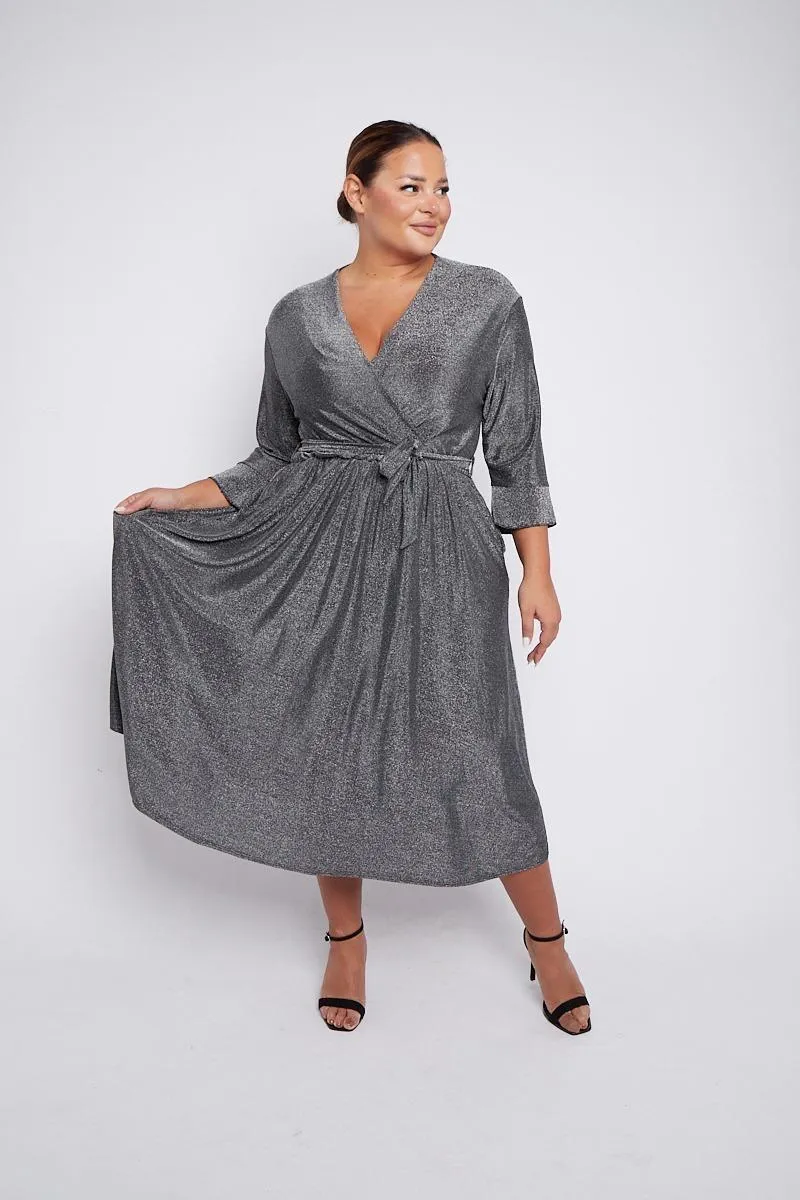 Dani Sparkle Faux Wrap Dress in Silver