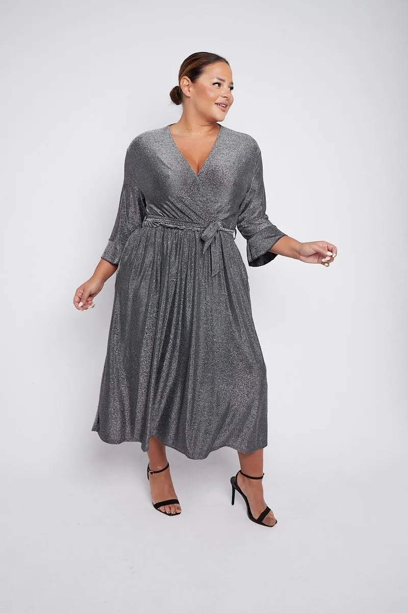 Dani Sparkle Faux Wrap Dress in Silver