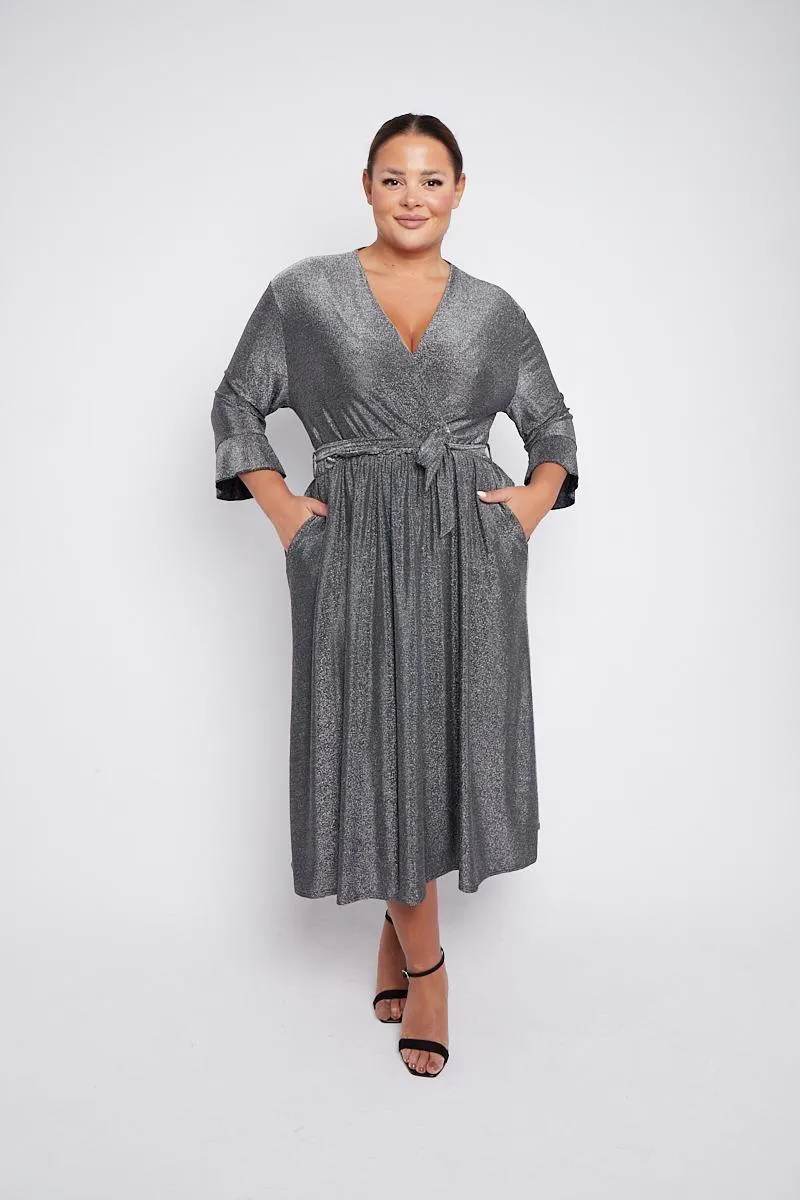 Dani Sparkle Faux Wrap Dress in Silver