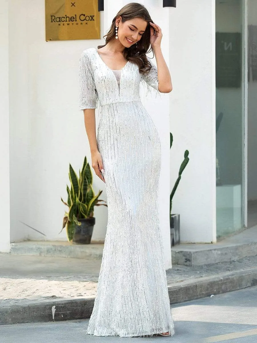 Deep V Neckline Sequin Tassels Prom Dresses with Half Sleeves