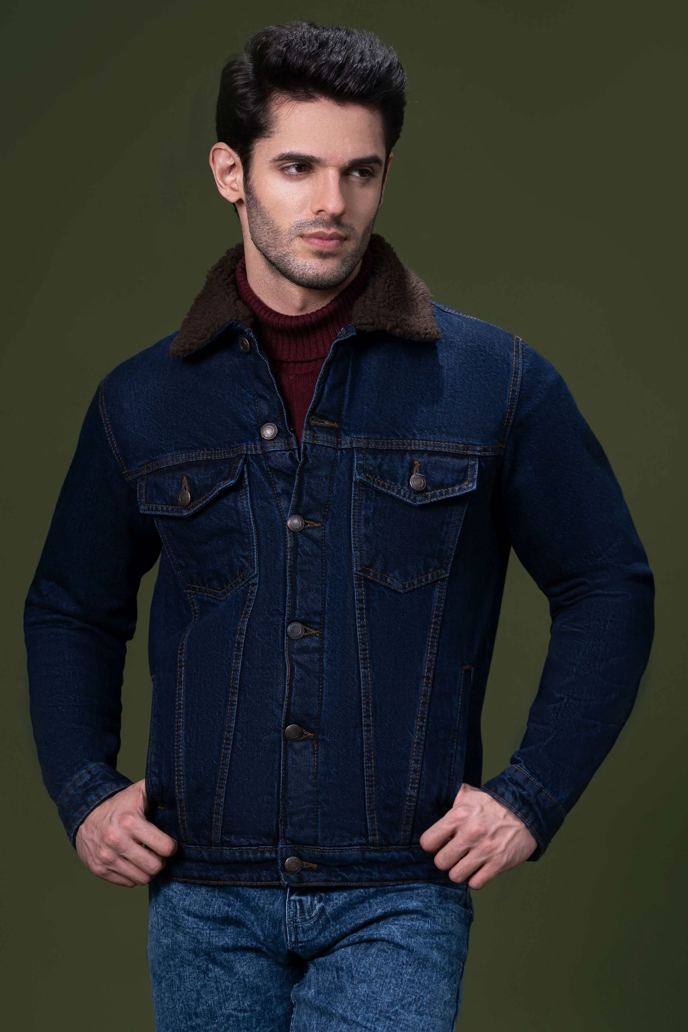 DENIM FUR JACKET DARK BLUE