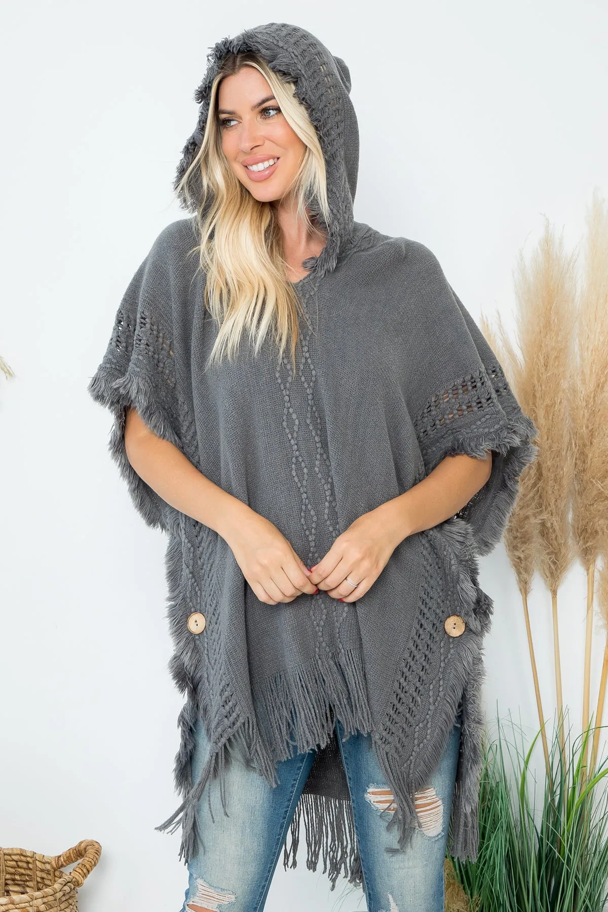 DIAMOND PATTERN KNITTED FRINGE WARMER PONCHO