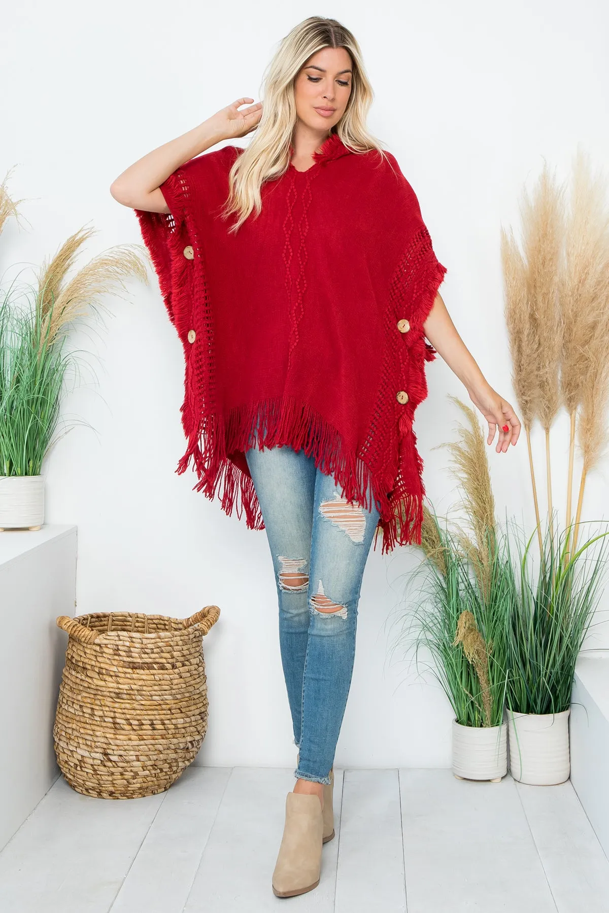 DIAMOND PATTERN KNITTED FRINGE WARMER PONCHO