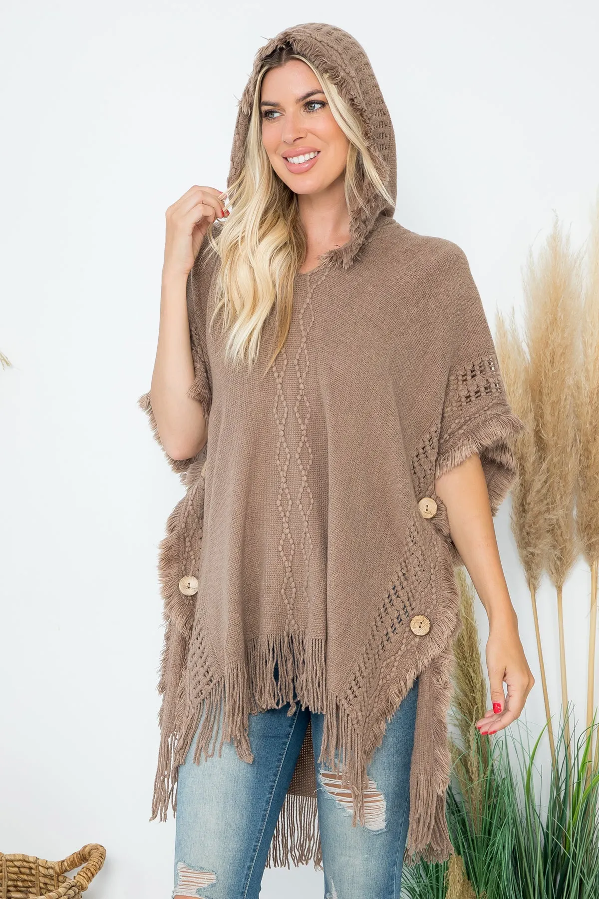 DIAMOND PATTERN KNITTED FRINGE WARMER PONCHO