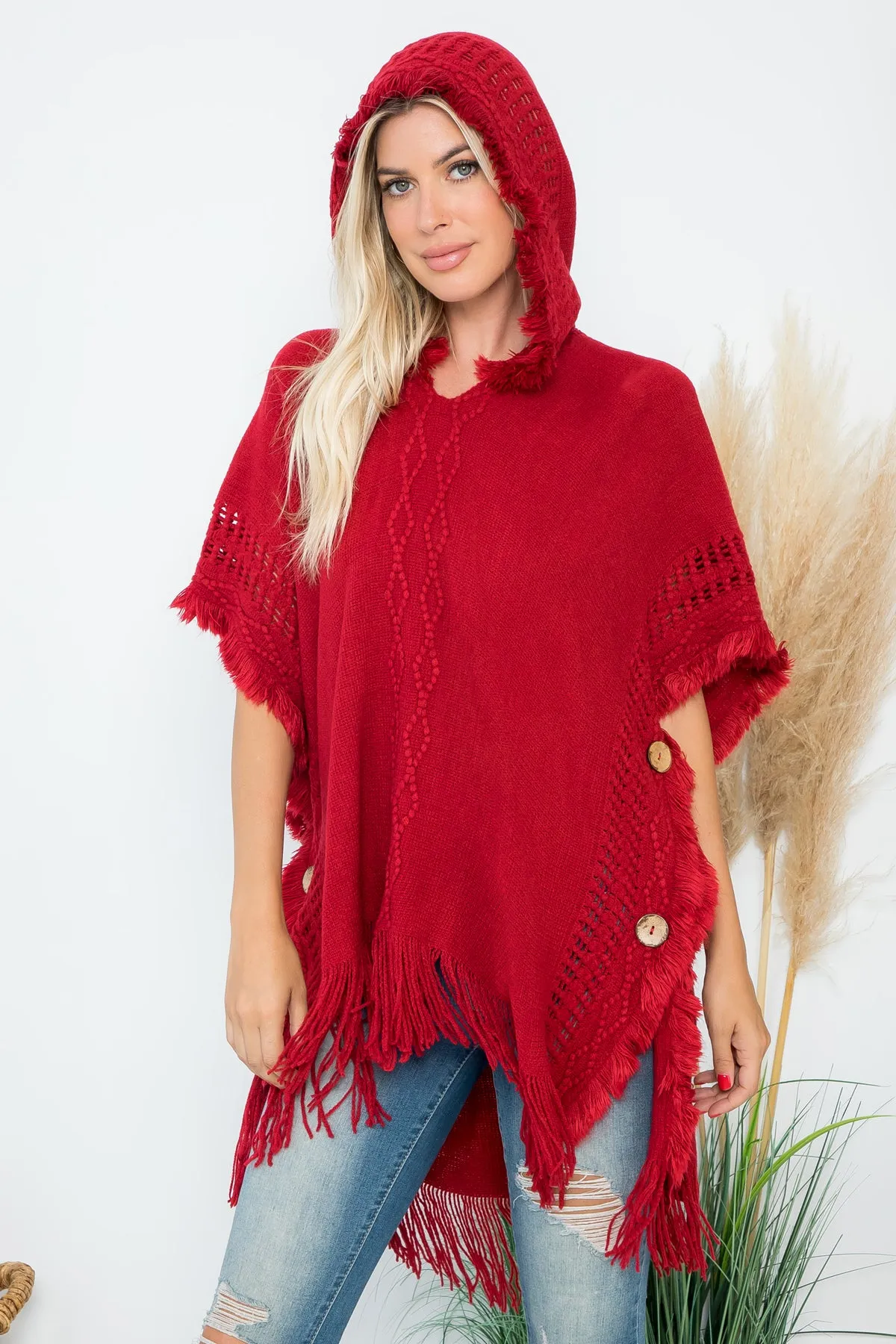 DIAMOND PATTERN KNITTED FRINGE WARMER PONCHO