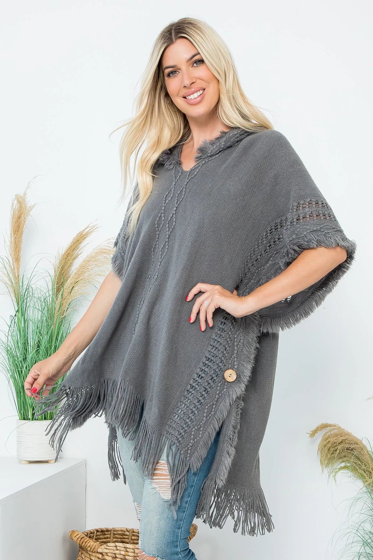 DIAMOND PATTERN KNITTED FRINGE WARMER PONCHO