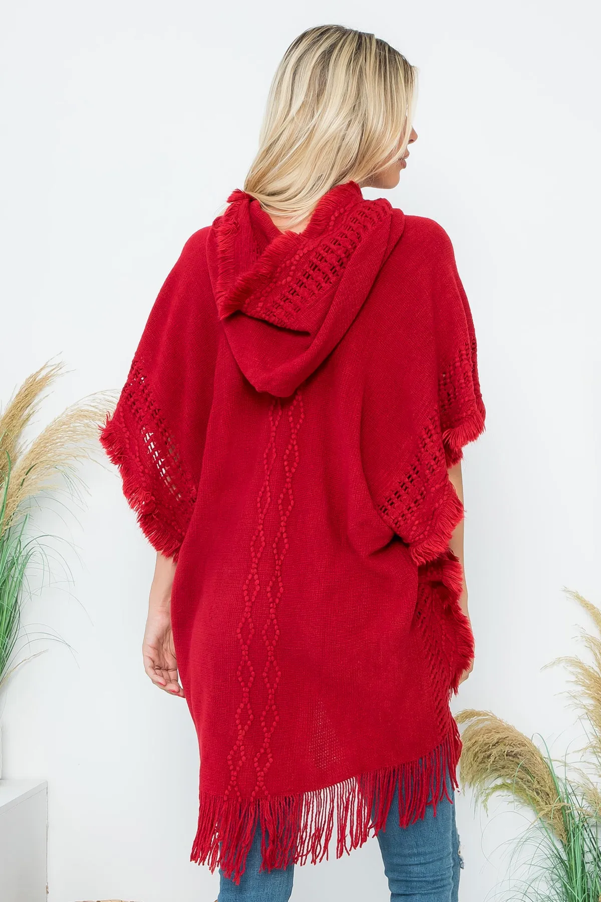 DIAMOND PATTERN KNITTED FRINGE WARMER PONCHO