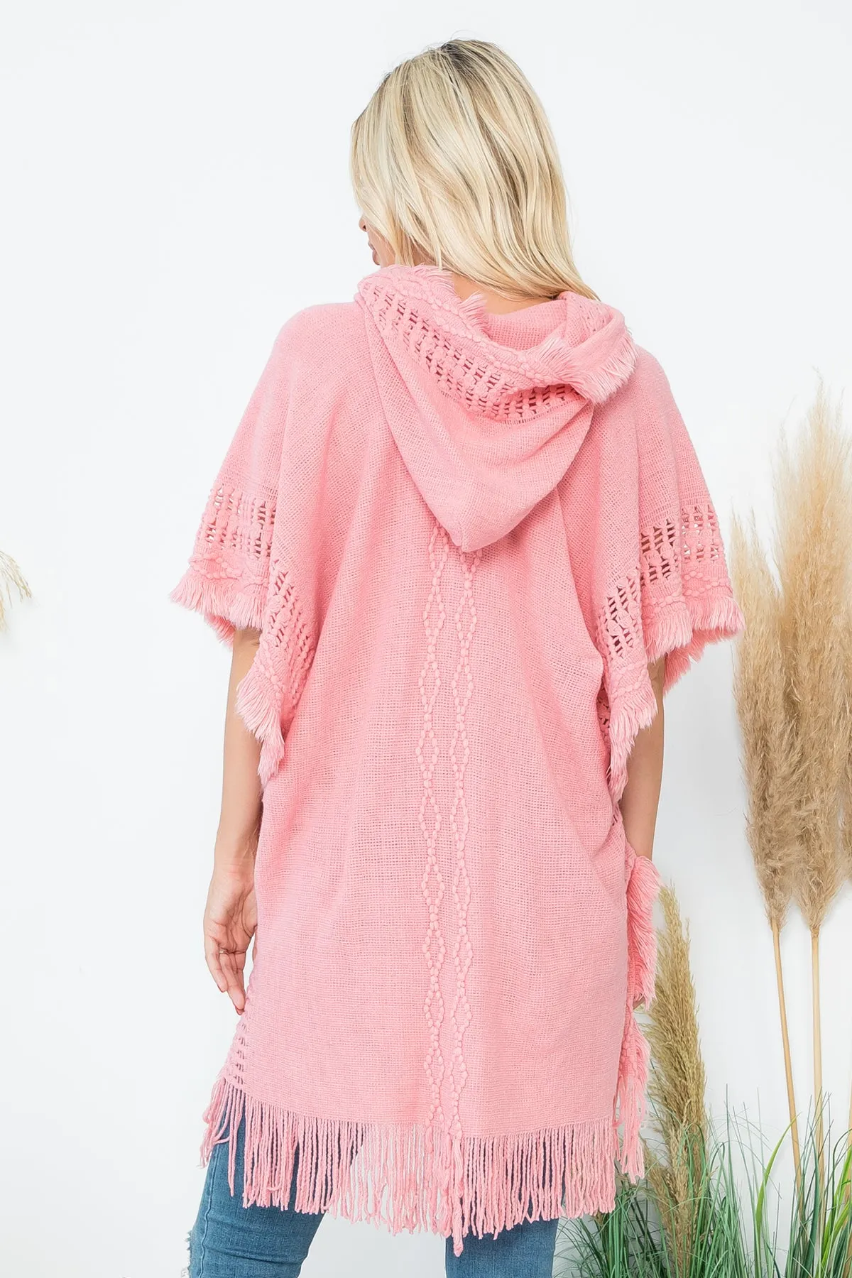 DIAMOND PATTERN KNITTED FRINGE WARMER PONCHO