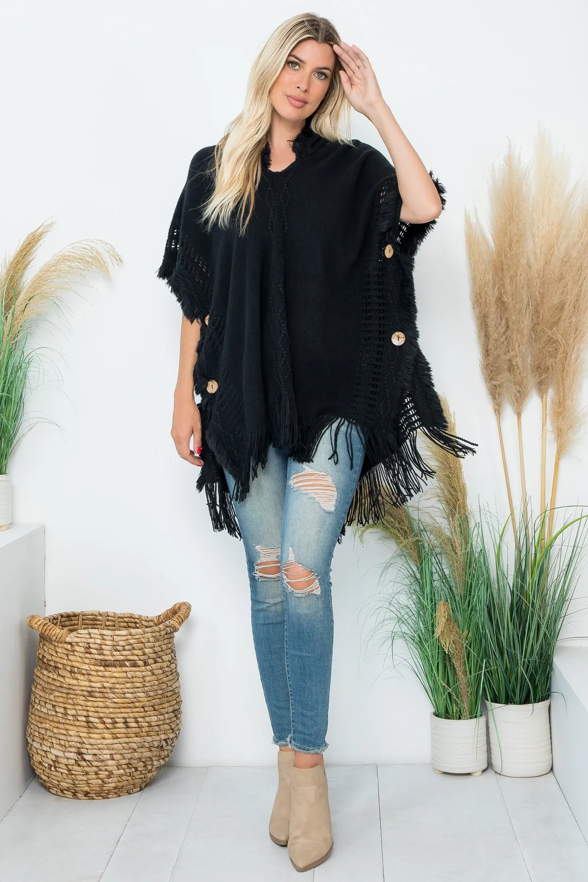 DIAMOND PATTERN KNITTED FRINGE WARMER PONCHO