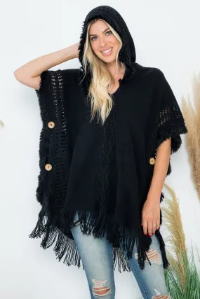 DIAMOND PATTERN KNITTED FRINGE WARMER PONCHO